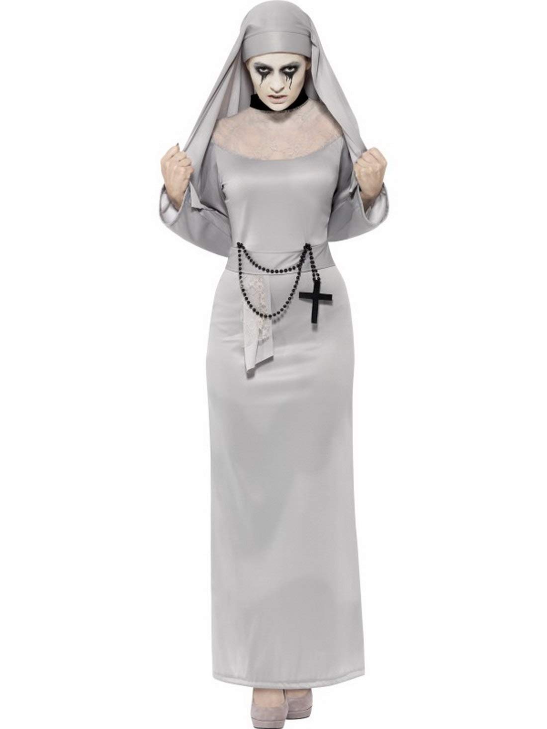 erdbeerclown - Damen Frauen Kostüm Gothic Horror Nonne Schwester mit Kleid und Kopftuch, Zombie Nun Sister, perfekt für Halloween Karneval und Fasching, L, Grau