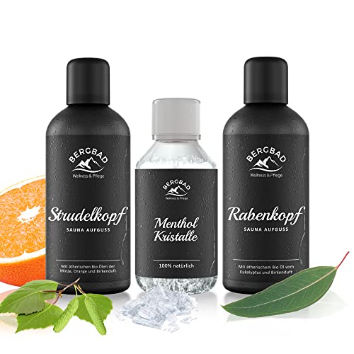 BERGBAD 2 x 100ml BIRKENWALD Set BIO Saunaaufguss + Mentholkristalle - wohltuendes Sauna-Aufgussmittel mit Bio-Alkohol, Wasser und 100% BIO Ölen