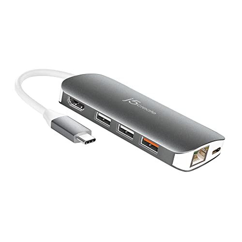 j5create USB Type-C Multi Adapter HDMI/Ethernet/USB 3.1, SD und MicroSD/PD 3.0 JCD383, 4K HDMI für MacBook/ChromeBook/USB-C Devices