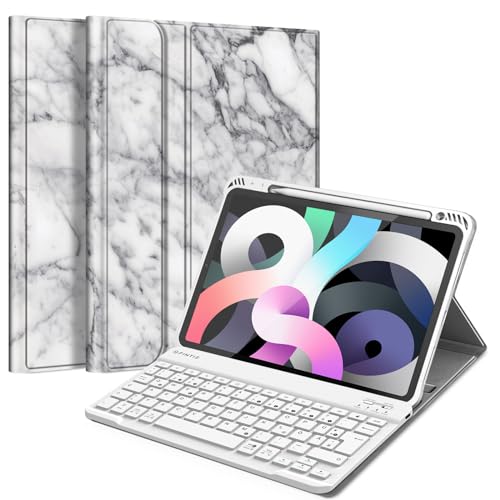 Fintie Tastatur Hülle für iPad Air 10,9" 2020 (4. Generation) Soft TPU Rückseite Gehäuse Schutzhülle mit Pencil Halter, magnetisch Abnehmbarer Bluetooth Tastatur mit QWERTZ Layout, Marmor Weiß
