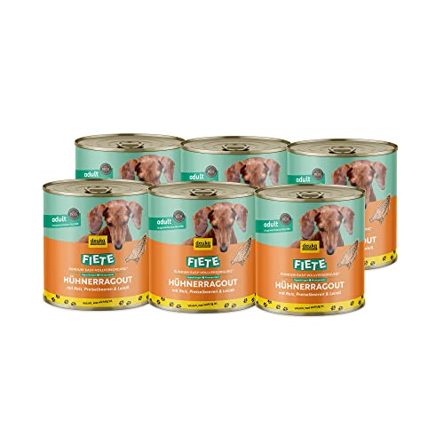 Fiete Adult Hühnerragout mit Reis, Preiselbeeren & Leinöl 6x800g Dose | proteinreiches Premium-Nassfutter | für ausgewachsene Hunde | hohe Verträglichkeit | getreidefrei | geprüfte Qualität