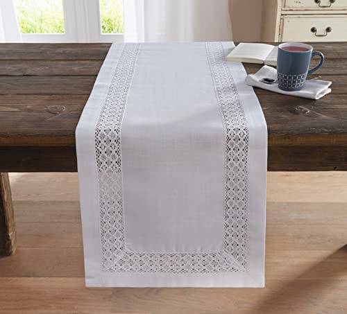 Tischläufer Häkelborte weiß, 40x140 cm, mit Häkelbordüre, Mitteldecke