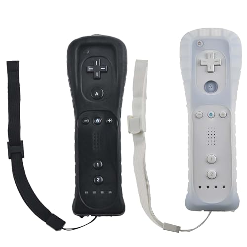 2x Wii-Fernbedienung: Gamecontroller Wii Controller Wireless Remote Bewegungssensor Vernbedinung Ersatz Gamepad Controller für Wii und Wii-Konsole, mit Silikonhülle und Handschlaufe (weiß schwarz)