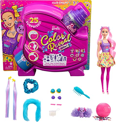 Barbie HBG39 - Color Reveal Cupcake Haarwechsel Puppe, Glitzerpink Spielset mit 25 Überraschungen rund um Haarstyling und Party, ab 3 Jahren