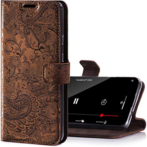 SURAZO Handy Hülle Für Samsung Galaxy S20 Book Classic RFID Ornament Braun - Glattleder Premium - Vintage Wallet Case