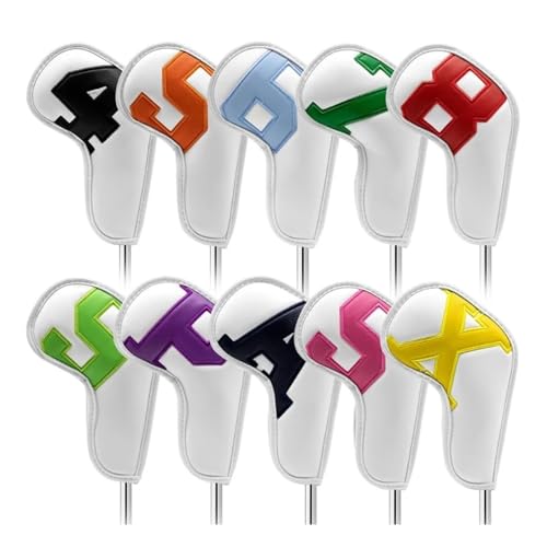 10 Stück Golf-Eisen-Schlägerkopfhüllen, wasserdicht, PU, ​​Dickes Kunstleder, Golf-Eisenschläger-Kopfhüllen-Set, passend for alle Marken (Color : White)