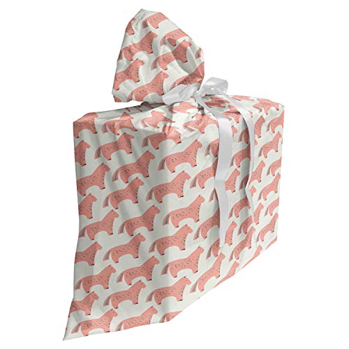 ABAKUHAUS Tier Baby Shower Geschänksverpackung aus Stoff, Pferden-Muster, 3x Bändern Wiederbenutzbar, 70 x 80 cm, Korallen-und Creme