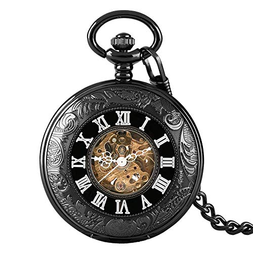 Taschenuhr Herren Mechanische Uhr Skelett Bronze SteamTransparent Schwarz SteamRömische Zahlen Mechanische Taschenuhr Uhren Geschenk zum Geburtstag Vatertag