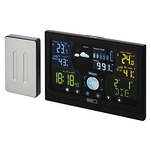 EMOS E6018 Funk Wetterstation mit Außensensor und Touchscreen-Farbdisplay + Netzteil, 13 Funktionen: Thermometer, Hygrometer, Barometer, Wettervorhersage, Funkuhr