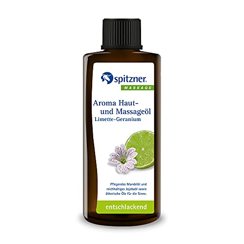 Spitzner Aroma Haut- & Massageöl Limette-Geranium (190 ml) – entschlackendes Massage Öl mit Jojobaöl, Mandelöl & ätherischen Ölen, ohne Konservierungsstoffe