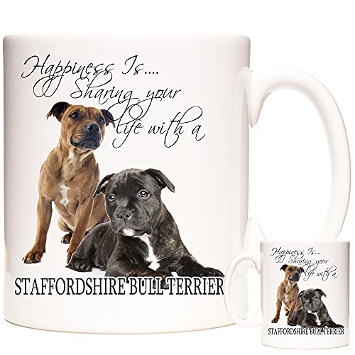 Brindle Staffordshire Bull Terrier Hund Keramik Geschenk Tasse Staffy Mug Happiness is Mikrowellen- und spülmaschinenfest