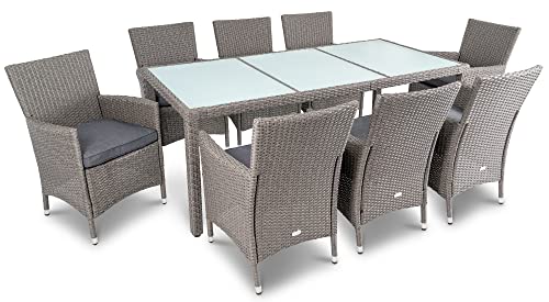di volio Polyrattan Sitzgruppe Verona - Lounge Gartenmöbel-Set für Garten oder Terrasse, Tisch mit Glasplatte + 8 Stühle - Lounge-Set in Rattan-Optik grau