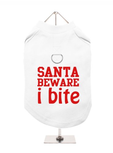 '"Christmas: Santa Beware I Bite" UrbanPup Hunde/T-Shirt (weiß/rot)
