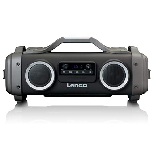 Lenco SPR-200 Boombox - Spritzwassergeschützt - Bluetooth 5.0 - FM Radio - TWS - Equalizer - 50 Watt RMS - integrierter Akku mit 4400mAh - USB - Micro SD - 3,5mm - Schwarz