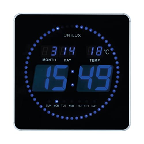 Unilux LED Wanduhr Flo, Blaue LEDs, lautlos, mit Datum und Temperatur-Anzeige