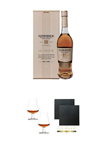 Glenmorangie 12 Jahre The Nectar d'Or 0,7 Liter + Stölzle Nosingglas für Whisky 2 Gläser - 1610031 + Schiefer Glasuntersetzer eckig ca. 9,5 cm Ø 2 Stück