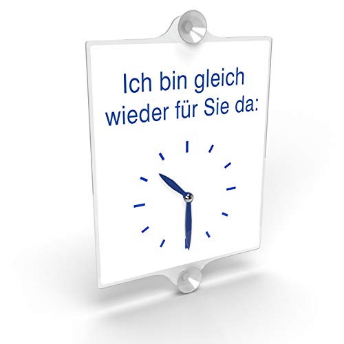 Betriebsausstattung24 Individuelles Ladentürschild | Plexiglasschild mit eintellbarer Uhrzeit für den Einzelhandel | Hinweisschild mit Saugnäpfen für Gewerbe und Privat (Text nach Wahl, 21 x 30 cm)