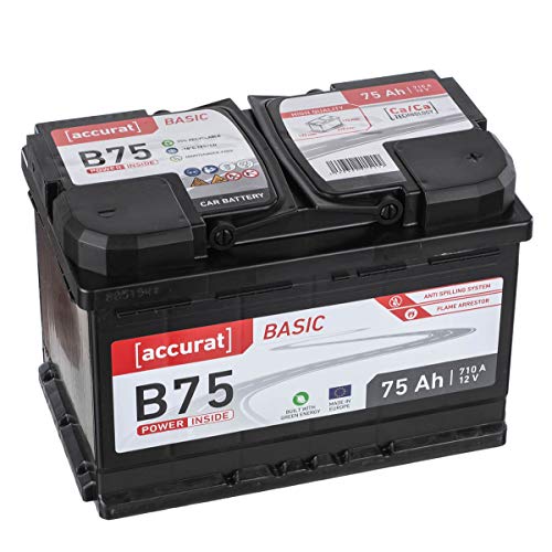 Accurat Basic B75 Autobatterie - 12V, 75Ah, 710A, zyklenfest, wartungsfrei, 30% mehr Startleistung, Ca-Technologie, Pluspol rechts- Starterbatterie, Nassbatterie, Blei-Säure Batterie
