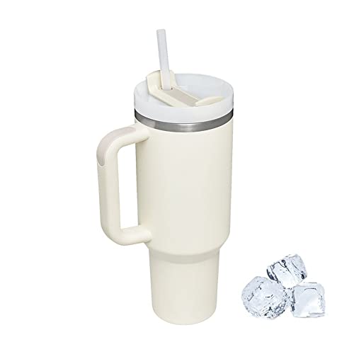 Thermobecher mit Strohhalm und Griff, 1200 ml / 40 OZ Thermobecher mit Griff, Reisebecher mit Henkel, Kaffeetasse aus Edelstahl, isoliert, zweifach isoliert, Beige