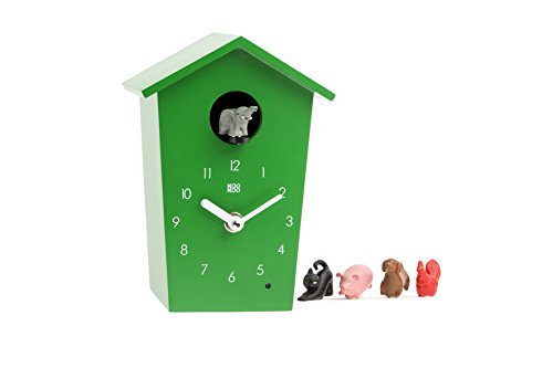 KOOKOO AnimalHouse Grün, Moderne kleine Kuckucksuhr mit 5 Bauernhoftieren, Aufnahmen aus der Natur Moderne witzige Design Uhr