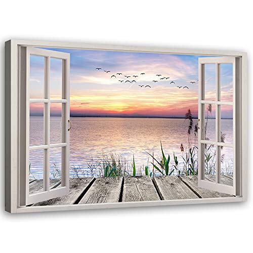 Bild auf Leinwand Fensterblick Kunstdruck modern Landschaft Blau 90x60 cm