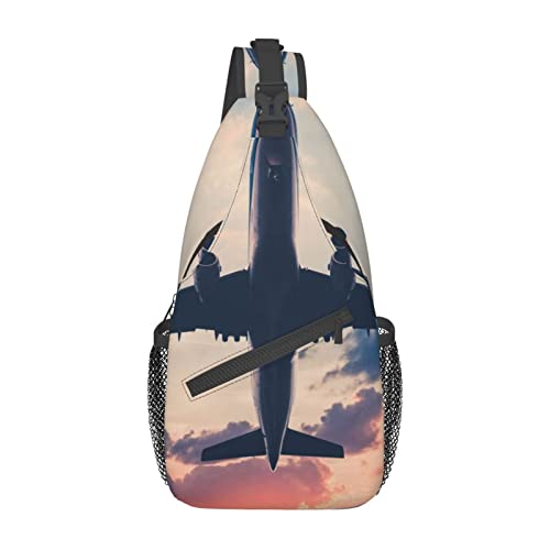 Flugzeug-Rucksack mit Sonnenuntergang-Aufdruck, leicht, faltbar, Umhängetasche, wasserabweisend, Schulterrucksack für den täglichen Gebrauch, Schwarz , Einheitsgröße