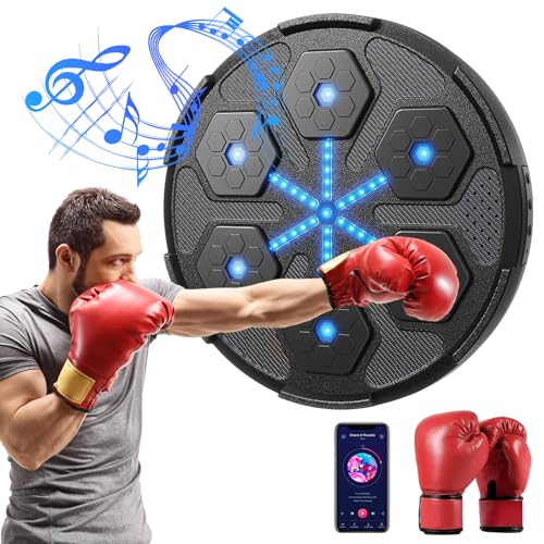 Musik-Boxmaschine,Smart Music Electronic Boxing Machine mit 6 Lichtern und Bluetooth-Sensor, USB Wiederaufladbar Boxmaschine für Agility Training Wall Mounted Boxing Machine (Schwarz+Handschuh)