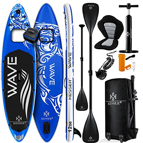 KESSER® SUP Board Aufblasbar Set mit Sichtfenster Stand Up Paddle Board Premium Surfboard Wassersport | 6 Zoll Dick | Komplettes Zubehör | 130kg | 380x77x15cm 12.6' | Blau
