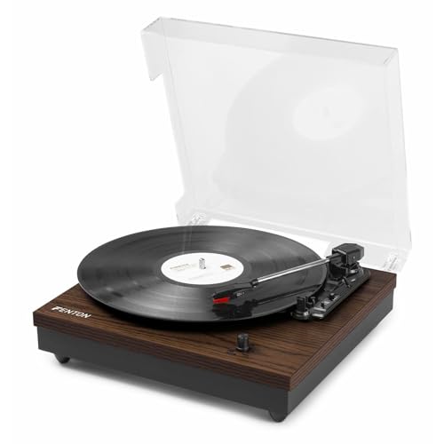 Fenton RP112D Plattenspieler Bluetooth, integrierten Lautsprechern, Auto-Stop, RCA, 3 Geschwindigkeiten, Staubdeckel, Geeignet für alle Vinyl-Schallplatten, Darkwood