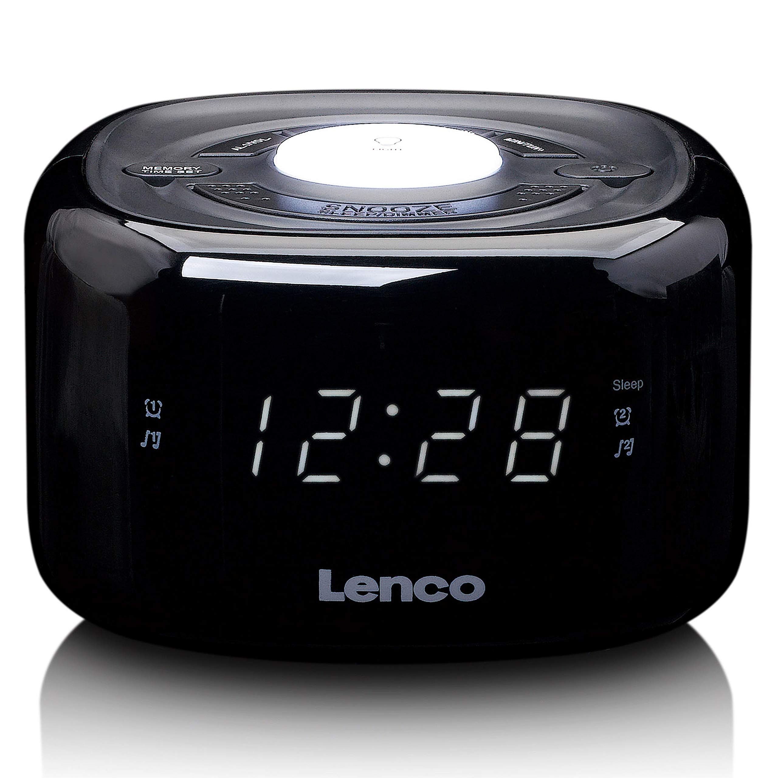 Lenco CR-12 Uhrenradio - Wecker mit Nachtlicht-Funktion - Easy Snooze - Sleep-Timer - Zwei Weckzeiten - 20 Senderspeicher - Anpassbare Helligkeitsregulierung - schwarz, 117 x 117 x 71 mm