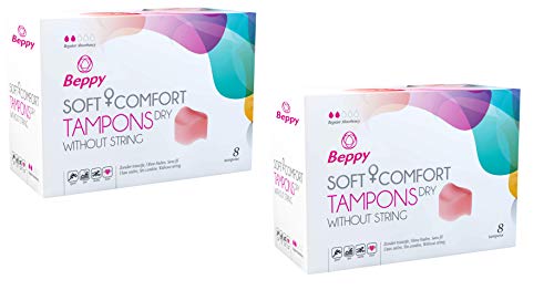 Beppy DRY Comfort Tampons Doppelpack 2x8 Stück - ohne Fädchen, trocken, Schwamm Tampon, Freiheit während der Periode (Sauna, Schwimmen, Sport, Liebe)