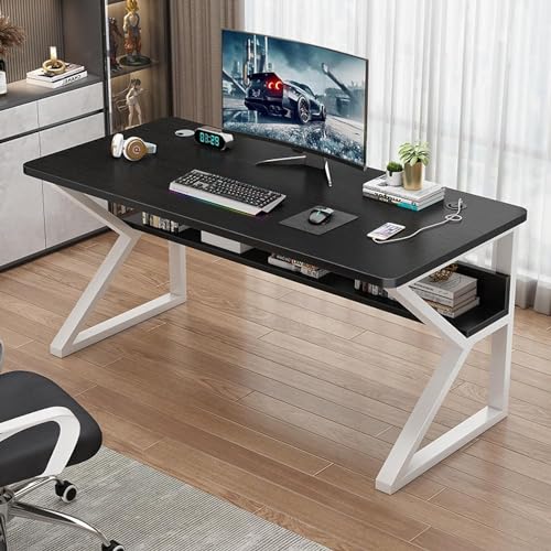Computertisch mit Ablagefächern – moderner, einfacher Schreibtisch-Arbeitsplatz mit Metallbeinen – effizienter Home-Office-Schreibtisch