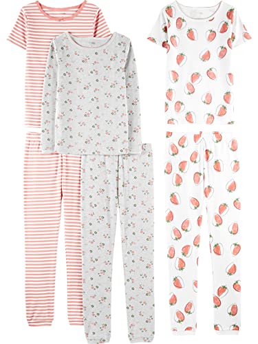 Simple Joys by Carter's Mädchen 6-teiliges Schlafanzug-Set, eng anliegend, 3er-Pack, Grau Floral/Rosa Streifen/Weiß Erdbeere, 6 Jahre