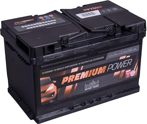 intAct Premium-Power PP75MF, 30% mehr Startleistung, wartungsfreie Autobatterie 12V 75Ah 720 A (EN), Schaltung 0 (Pluspol rechts), Maße (LxBxH): 278x175x175mm