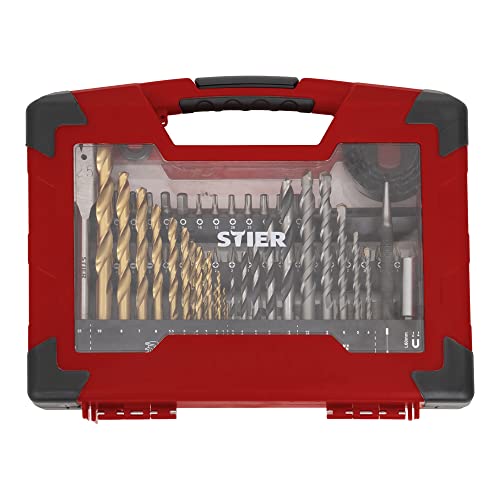 STIER TiN-Bohrer-, Säge- und Bit-Set, 100-teilig, Titaniumnitrid, für eine Vielzahl an Bearbeitungsfällen in Holz, Metall und Stein