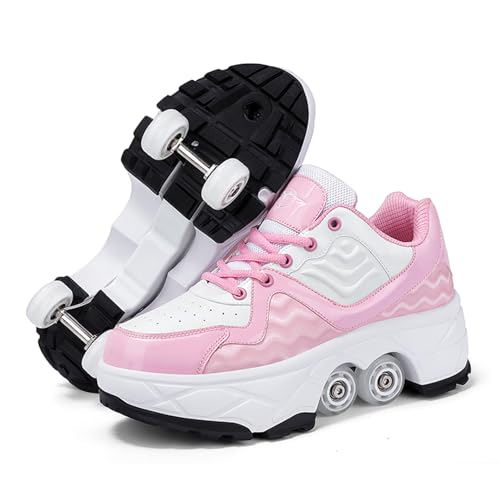 Roller Skates Schuhe Radschuhe für Jungen Mädchen Erwachsene Roller -Sneakers Schuhe mit Rädern Flexible Skates als Geschenk Pink-33EU=213MM