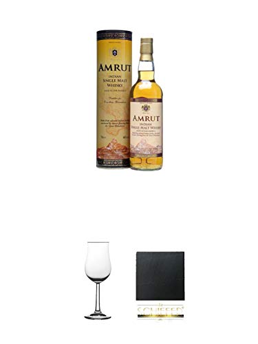 Amrut Single Malt Indian Whisky 0,7 Liter + Nosing Gläser Kelchglas Bugatti mit Eichstrich 2cl und 4cl 1 Stück + Schiefer Glasuntersetzer eckig ca. 9,5 cm Durchmesser