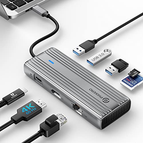 PHIXERO USB C Hub Multiport Adapter, 4K 30Hz USB C Docking Station, USB C Adapter, 100W PD, 5Gbps USB Data Port, for MacBook Pro/Air, USB C Laptop (Gray) (8P-TB)