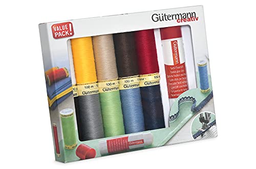 Guetermann Gutermann 734567 Nähgarn-Set, sortiert, 100 m x 10 Rollen plus Textilkleber, mehrfarbig, Einheitsgröße
