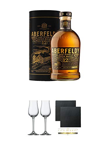 Aberfeldy 12 Jahre neue Ausstatung Single Malt Whisky 0,7 Liter + Stölzle Nosingglas für Destillate 2 Gläser - 2050030 + Schiefer Glasuntersetzer eckig ca. 9,5 cm Ø 2 Stück
