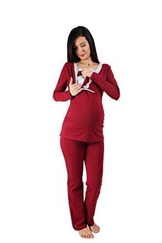 Still-Pyjama Set mit Spitze für Damen - Umstandspyjama Schlafanzug Nachtwäsche für Schwangerschaft und Stillzeit mit Stillfunktion, Langarm (Weinrot, X-Large)