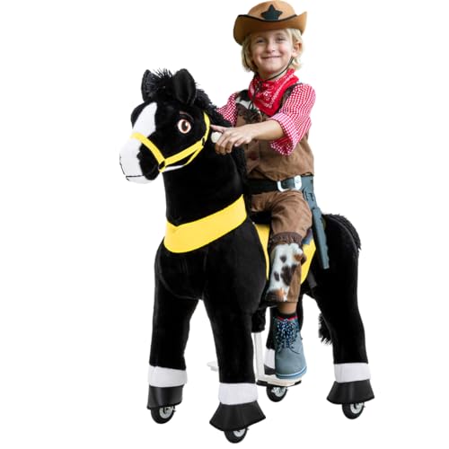PonyCycle Black Beauty | 𝟯 𝐉𝐀𝐇𝐑𝐄 𝐆𝐀𝐑𝐀𝐍𝐓𝐈𝐄 - E-Serie Pferd - Schaukelpferd mit Handbremse - Kuscheltier - Spielpferd zum Reiten - Kinder Pony auf Rollen - Plüschtier - 4-8 Jahre