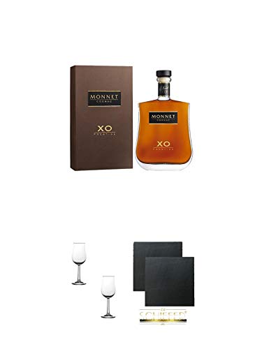 Monnet Cognac XO 0,7 Liter + Nosing Gläser Kelchglas Bugatti mit Eichstrich 2cl und 4cl - 2 Stück + Schiefer Glasuntersetzer eckig ca. 9,5 cm Ø 2 Stück
