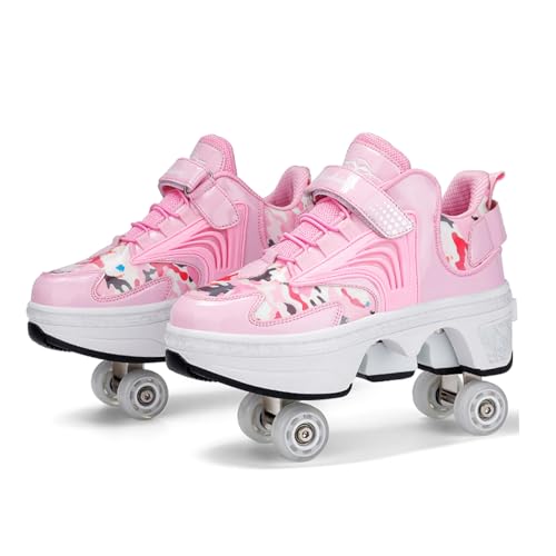 Roller Skate Schuhe - Turnschuhe - Rollerschuhe 2 -in -1 geeignet für Sport im Outdoor Sport Skating Unsichtbare Rollschuhe Mädchen Frauen Pink-40EU
