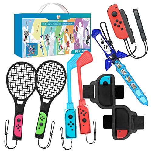 ZUJO 9 in 1 Sportzubehör für Nintendo Switch / Nintendo Switch OLED 2021 – Skyward Sword, Tennisschläger, Golfschläger, Hand- und Beinschlaufen