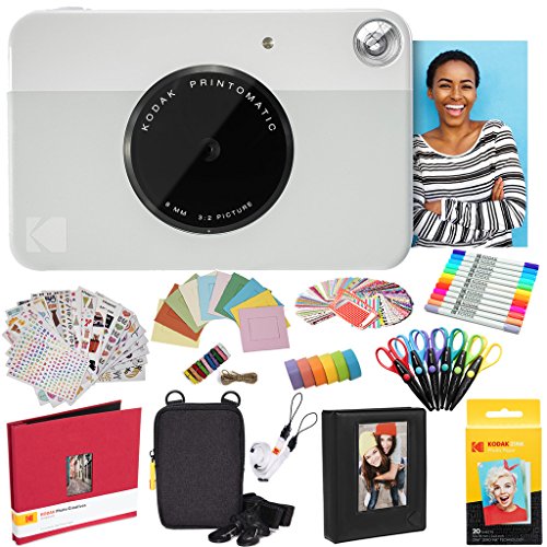 KODAK Printomatic Instant Camera (Grau) Komplettpaket + Zinkpapier (20 Blatt) + Luxusetui + Fotoalbum + 7 Aufklebersätze + Marker + Scheren + Randaufkleber und mehr