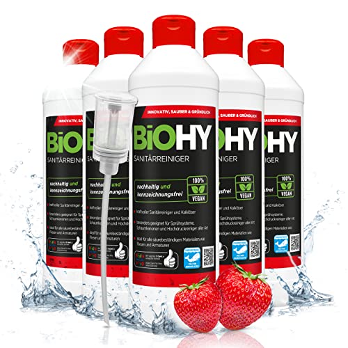 BiOHY Sanitärreiniger (6x500ml Flasche) + Dosierer | Kalkzersetzendes Konzentrat für den Sanitärbereich | Badreiniger mit angenehme & frischen Duft | EXTRA STARK