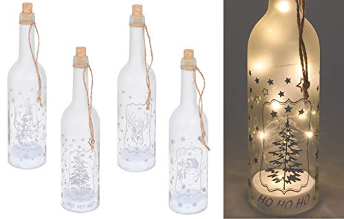 Spetebo 4er Set LED Dekoflasche mit 10 LED - warmweiß - Weinflasche mit Draht Lichterkette und 4 Motiven