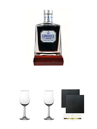 UNHIQ Unique X.O. Malt Rum Dominikanische Republik 0,50 Liter + 2 Bugatti Nosing Gläser mit Eichstrich 2cl und 4 cl + 2 Schiefer Glasuntersetzer eckig ca. 9,5 cm Ø