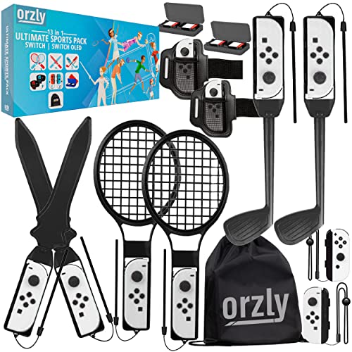 Orzly Switch Sports Games 2023 Zubehör-Bundle-Paket für Nintendo Switch und OLED-Tennisschläger, Golfschläger, Chambara-Schwerter, Fußball-Beingurte und Joycon-Griffe-Tragetasche – SOLID Black